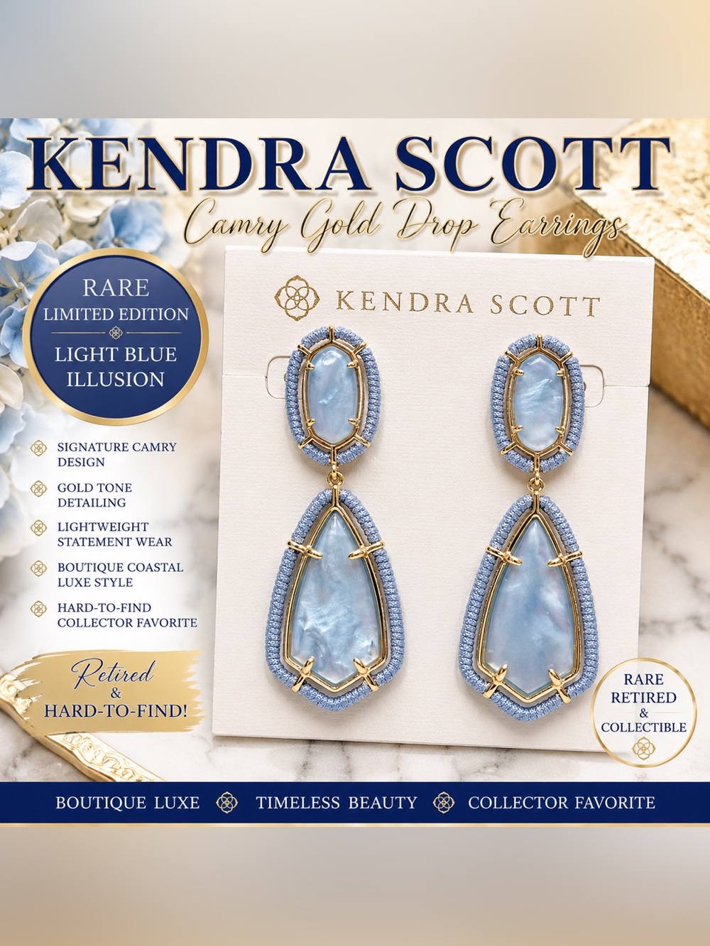 Rare-Limited Edition-Kendra Scott Camry Gold Earrings Light Blue Illusion HTF